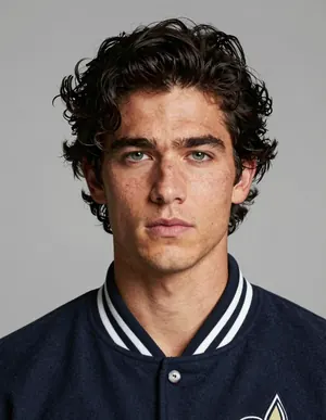 Candidate face 1: studio portrait of a dark-haired young man with storm-grey eyes in a navy letterman jacket