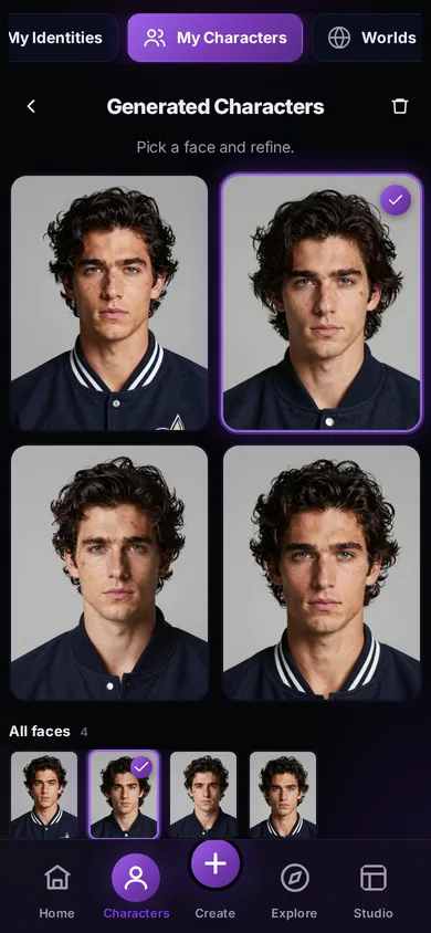 Siren app screen 'Generated Characters' showing the four candidate faces Siren generated for the character Roman Sayer — the same dark-haired man in a navy letterman jacket — with one picked