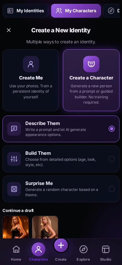 Siren app screen 'Create a New Identity' offering Create Me or Create a Character, with Describe Them, Build Them and Surprise Me options