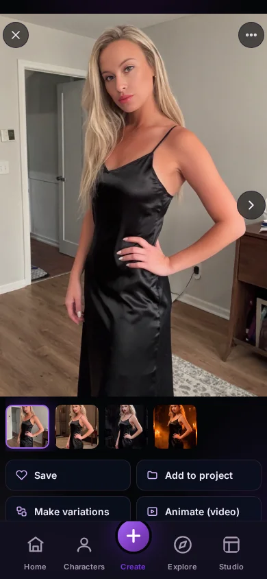 Siren app result screen showing a generated photo of the character with Save, Add to project, Make variations and Animate (video) actions