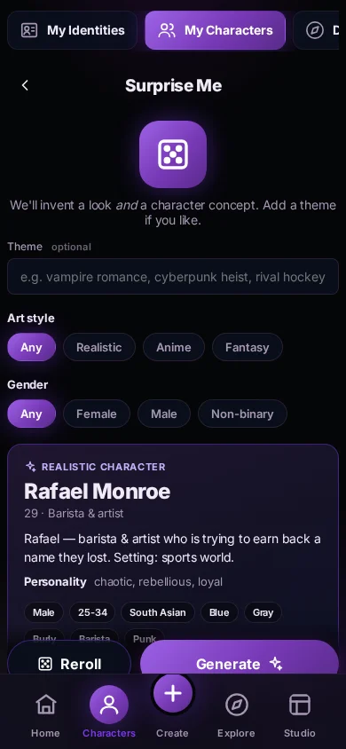 Siren app 'Surprise Me' screen showing a generated character concept: Rafael Monroe, 29, barista and artist, with personality traits